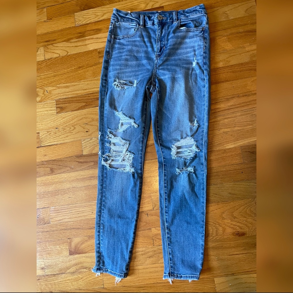 American Eagle Outfitters Blue Skinny Jeans with Distressed Details